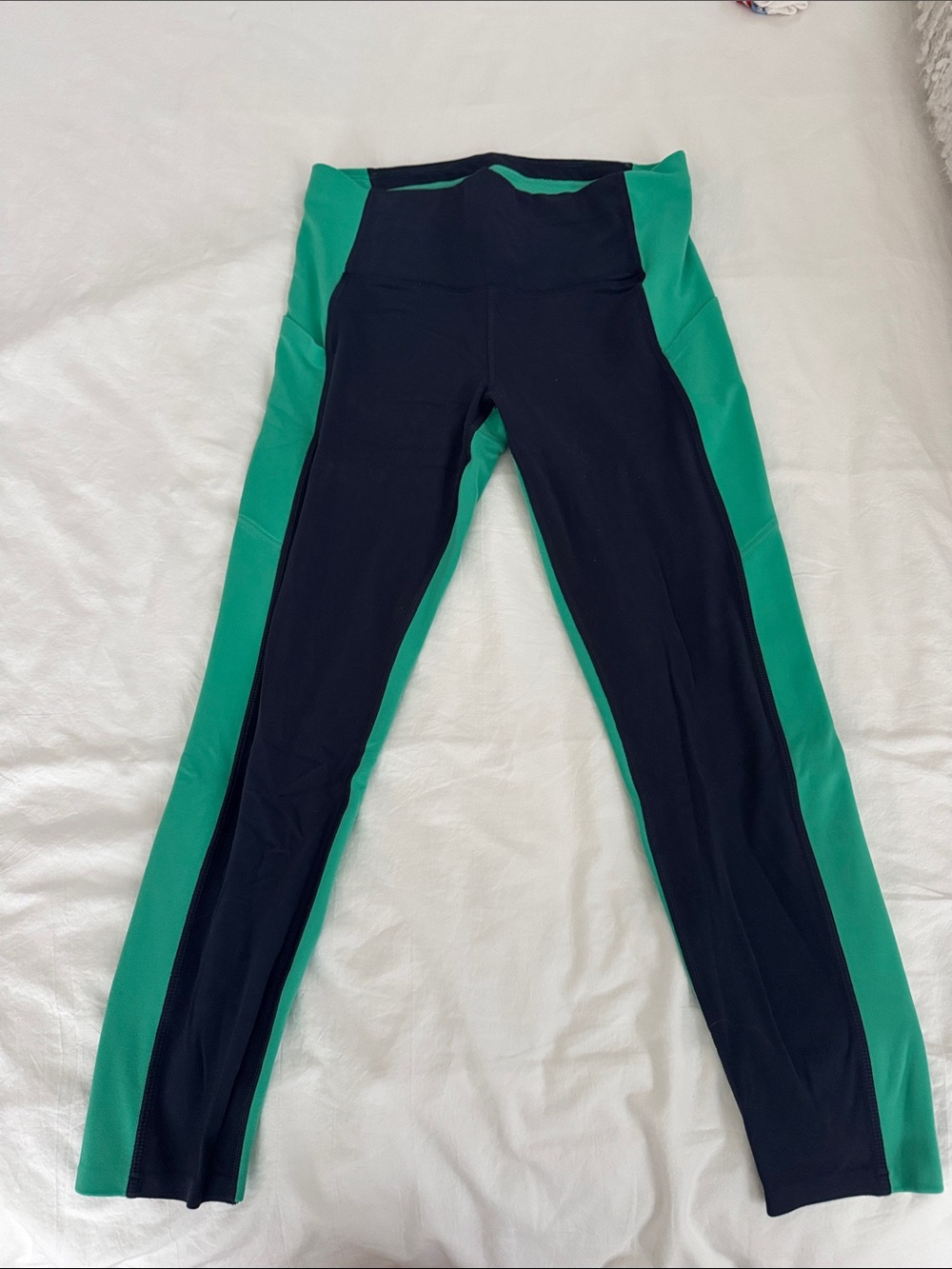 Athleta Navy Leggings with Green Side Panels